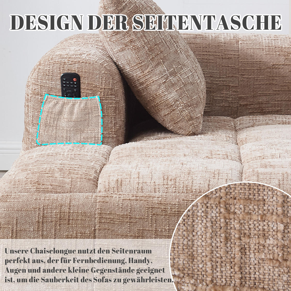 RÉCAMIERE Chenille Khaki mit Kissen und Stauraum - Hellbraun, Textil (158/60/90cm) - WISHDOR
