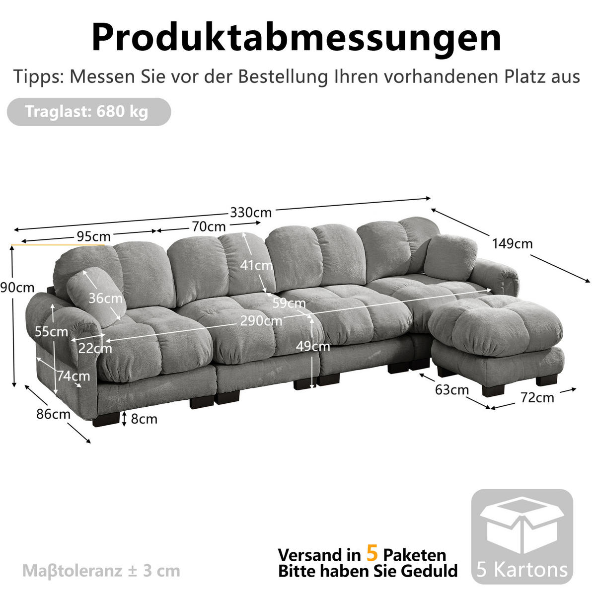 SOFA 330/149/90 cm in Hellgrau aus Chenille mit modularer Ottomane - Hellgrau, Textil (149/90/330cm) - Flora Grace