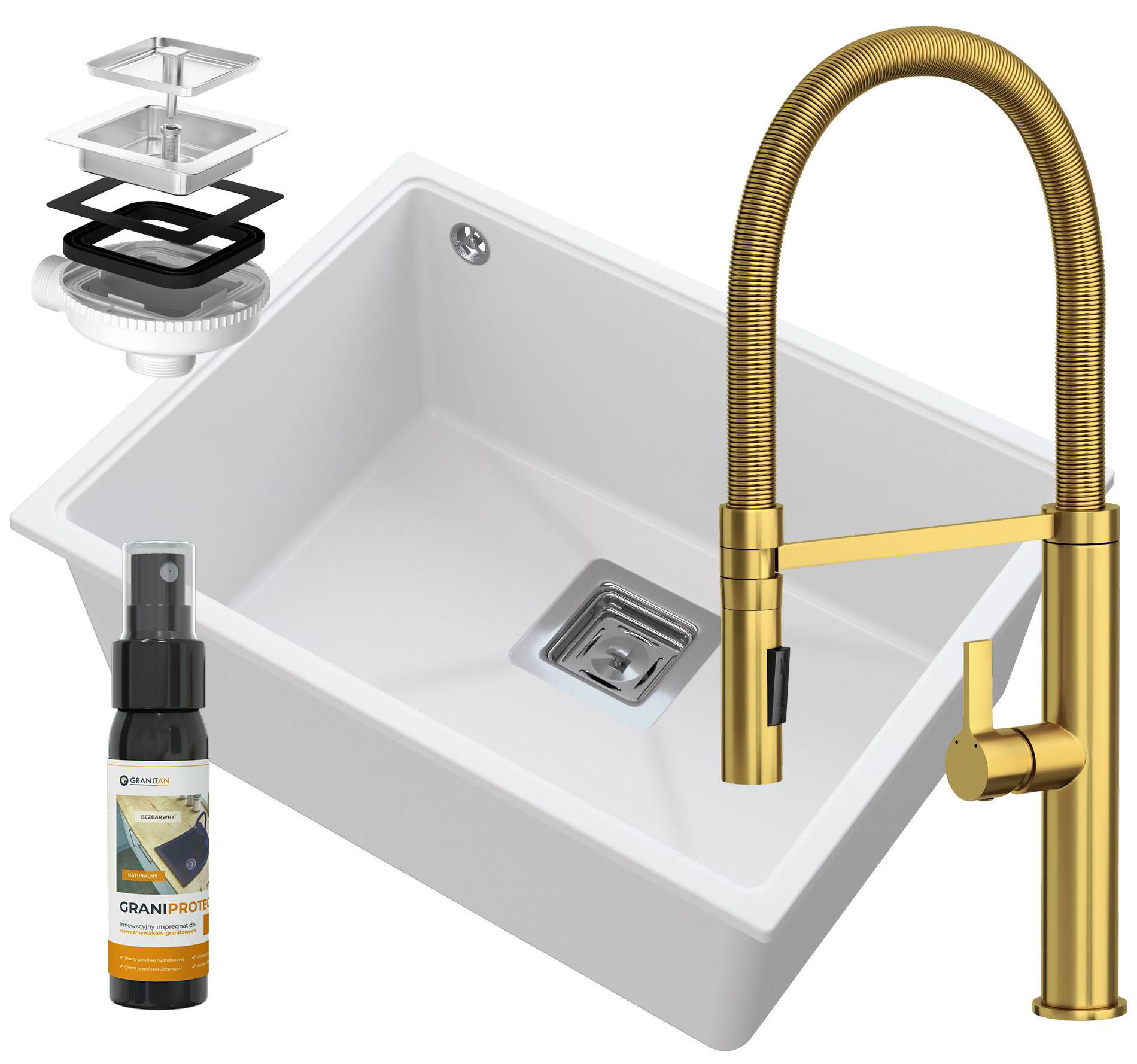 SPÜLBECKEN Napo Weiß 3-tlg. 550/420 mm Unterbau Granit inklusive Armatur Gold und Siphon - Weiß, Stein (55/42/20cm) - Granitan