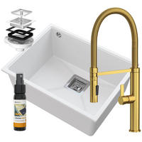 SPÜLBECKEN Napo Weiß 3-tlg. 550/420 mm Unterbau Granit inklusive Armatur Gold und Siphon - Weiß, Stein (55/42/20cm) - Granitan