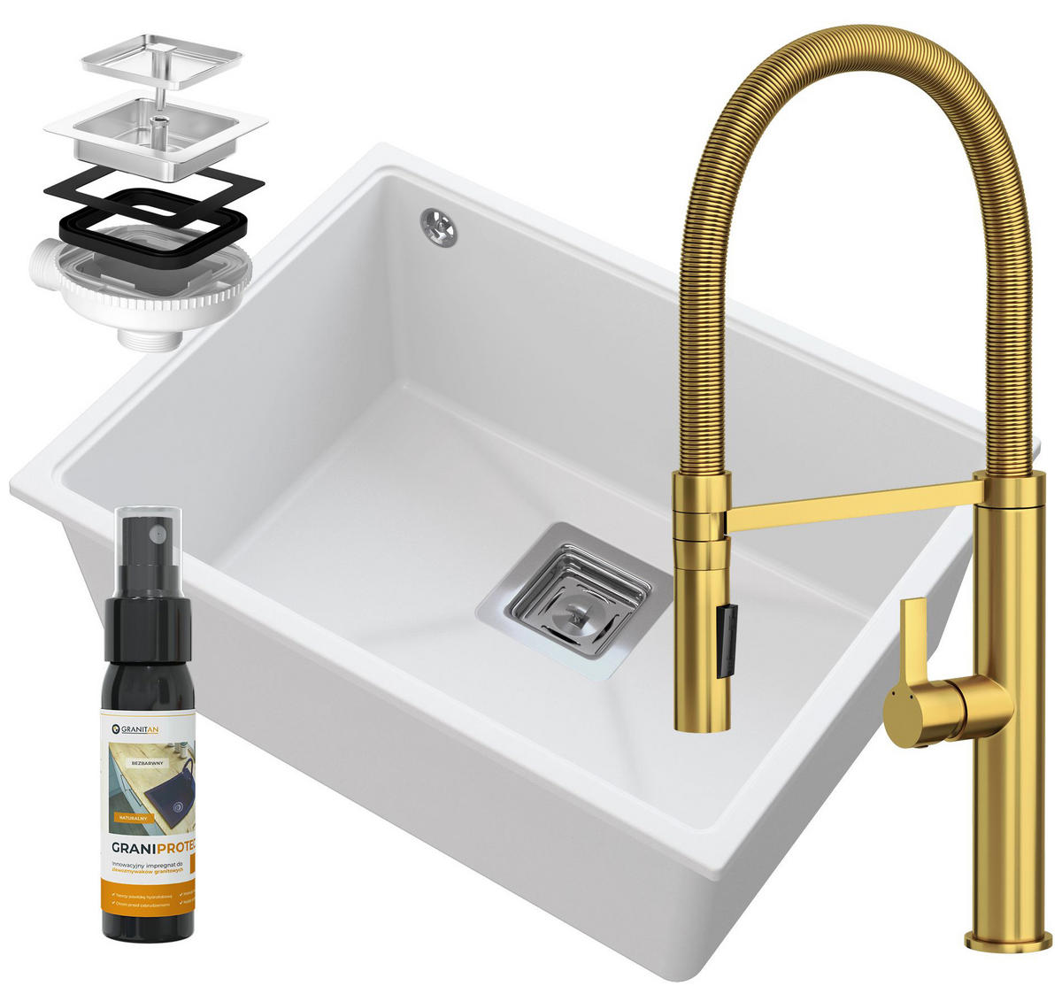 SPÜLBECKEN Napo Weiß 3-tlg. 550/420 mm Unterbau Granit inklusive Armatur Gold und Siphon - Weiß, Stein (55/42/20cm) - Granitan