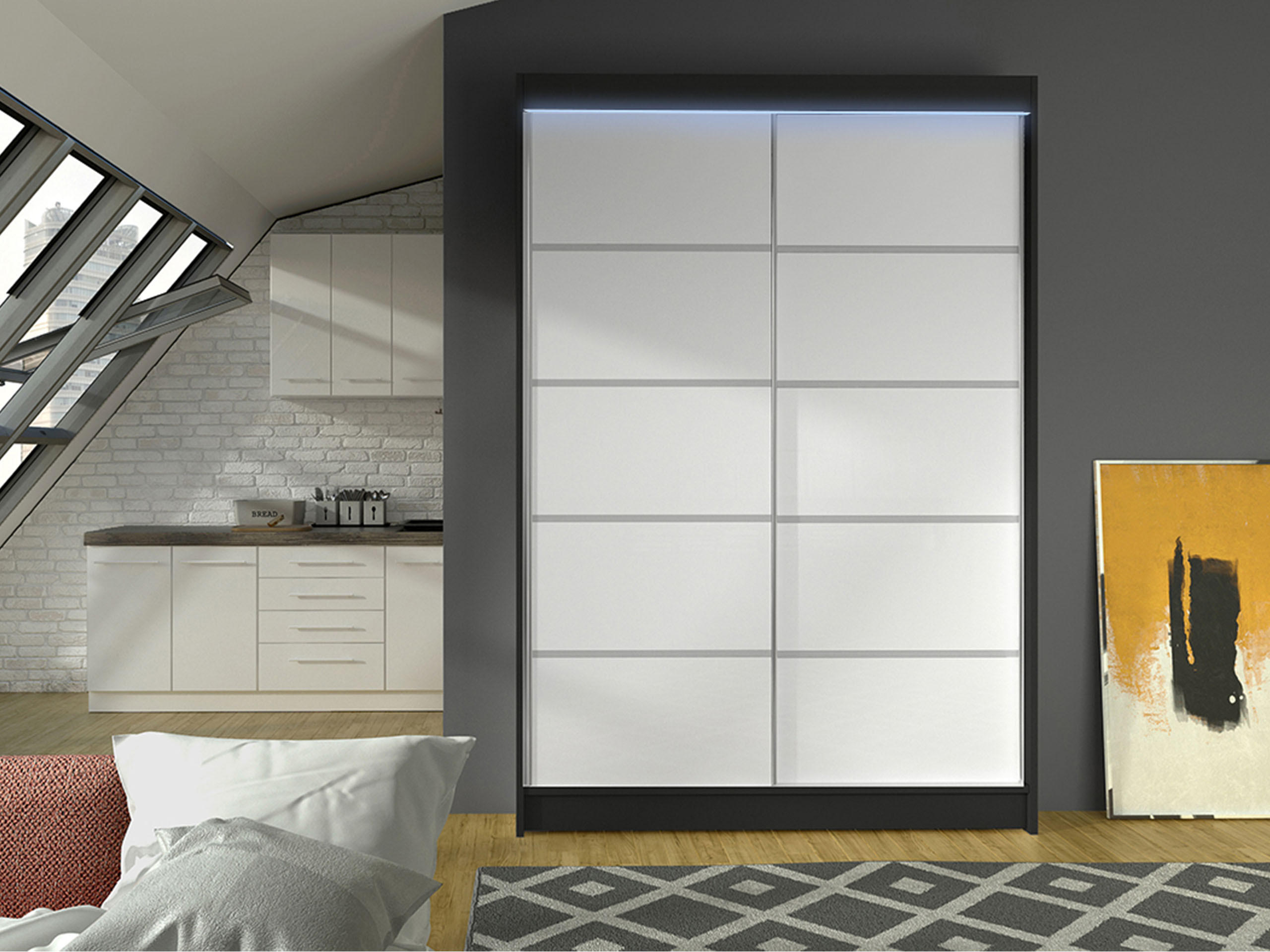 SCHWEBETÜRENSCHRANK Lino IV mit RGB LED Beleuchtung - Schwarz/Weiß, Holzwerkstoff/Metall (120/200/58cm) - MIRJAN24