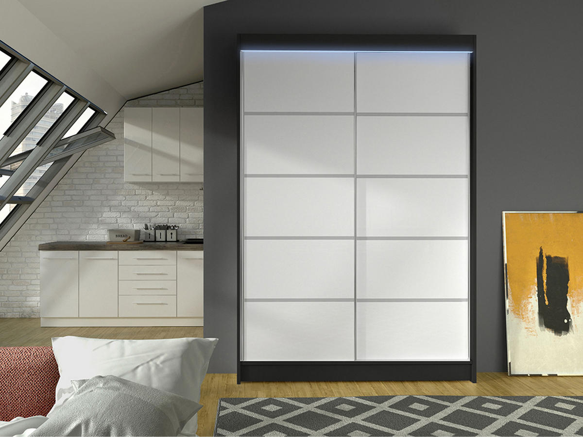 SCHWEBETÜRENSCHRANK Lino IV mit RGB LED Beleuchtung - Schwarz/Weiß, Holzwerkstoff/Metall (120/200/58cm) - MIRJAN24