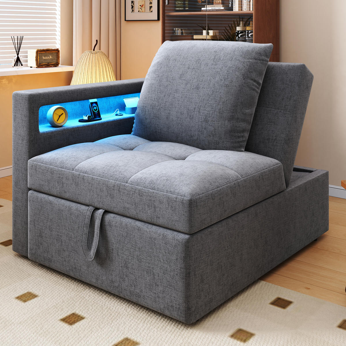 SCHLAFSOFA 3-in-1 Leinenstoff mit USB-Anschluss und LED Hellgrau 177/68/65 cm - Hellgrau, Textil (68/65/177cm) - Redom