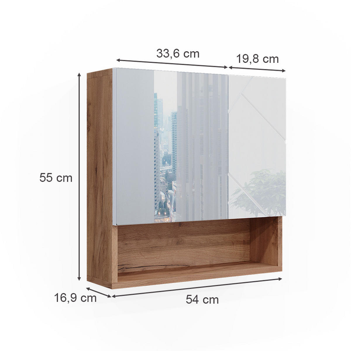 BADSPIEGELSCHRANK Irma Weiß Hochglanz/Goldkraft Eiche 54 x 55 cm - Weiß Hochglanz/Eiche Wotan, Holzwerkstoff (54/55/16.9cm) - Vicco