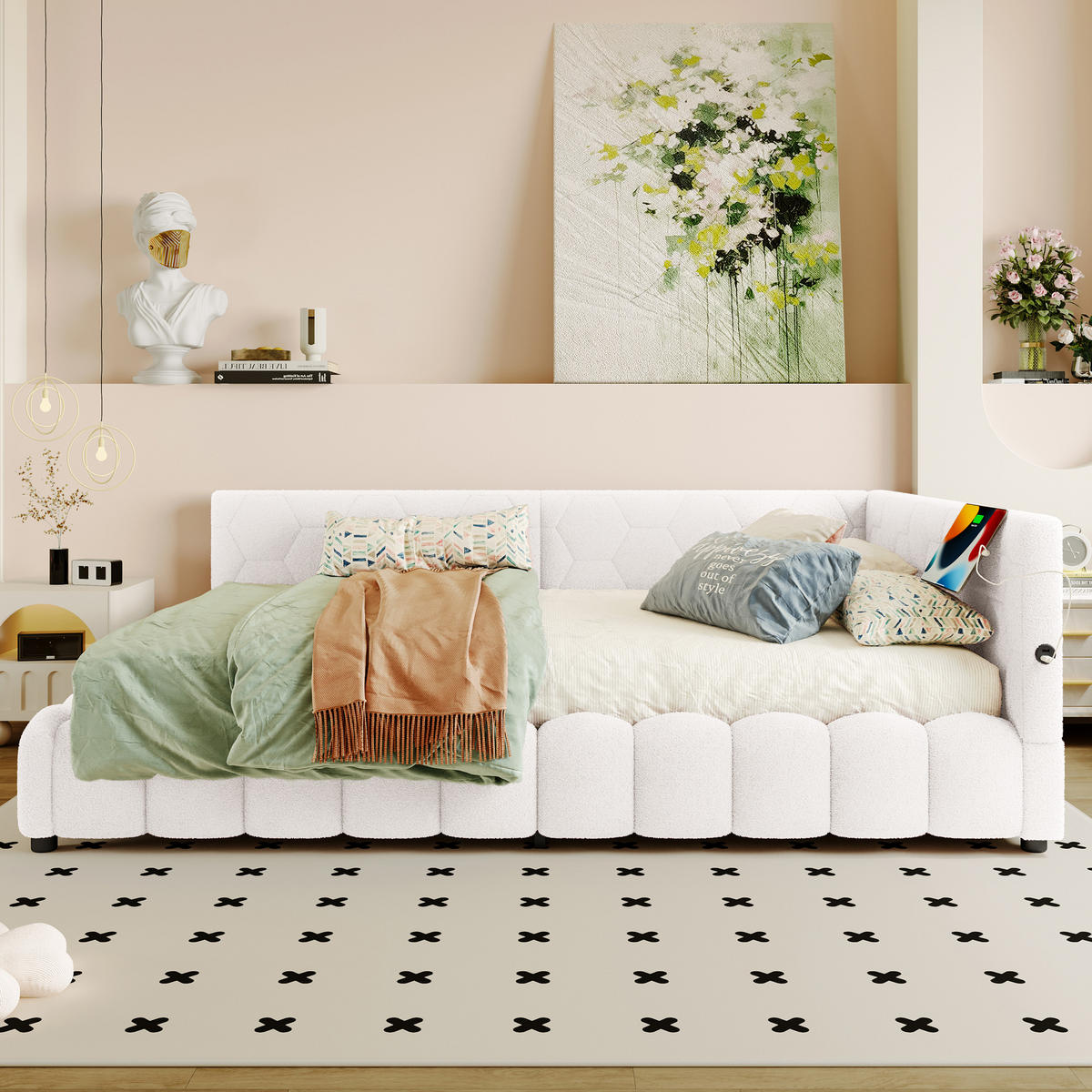 POLSTERBETT 140x200cm mit USB-Anschluss, Typ-C- Weiß - Weiß, Holz/Textil (140/200cm) - KOMHTOM