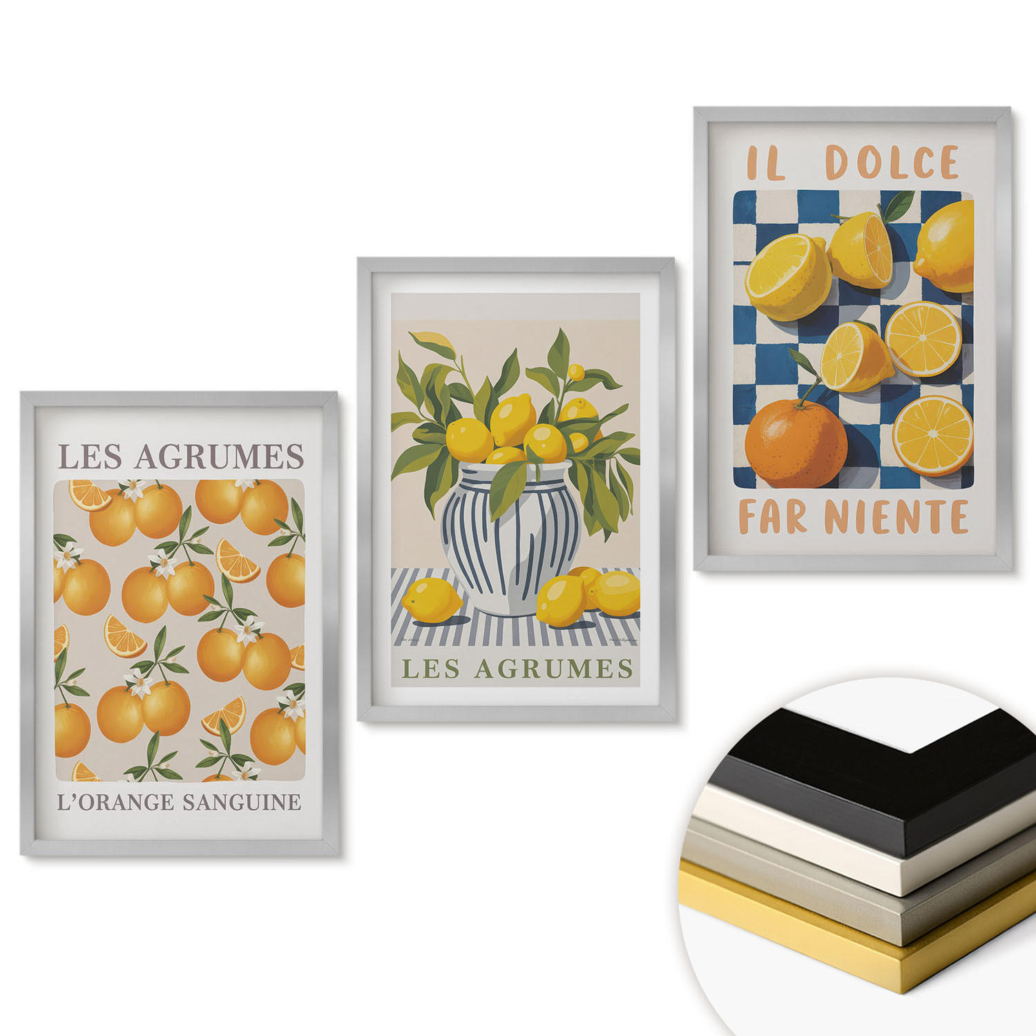 WANDBILDER 3er Set - 40x60 cm Silberner Rahmen - Retro gelbe Zitrusfrüchte - Silberfarben, Kunststoff (40/60cm) - ArtPrintCave