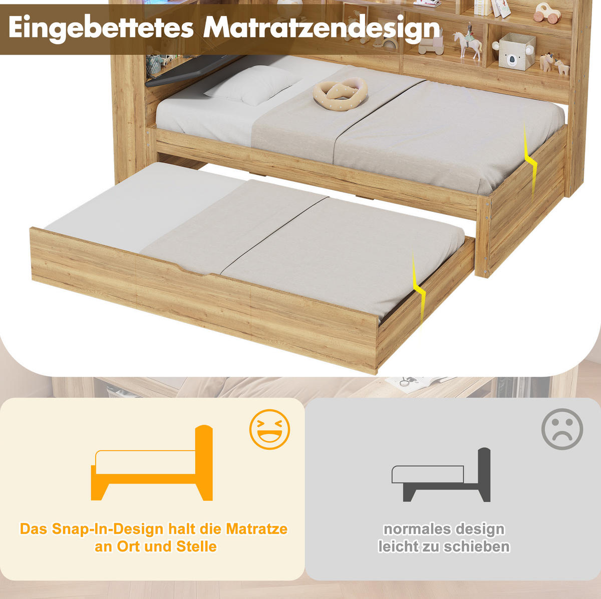 KINDERBETT aus MDF 90x200 cm Naturfarben mit Ausziehbett 90x190, LED-Beleuchtung, USB- und Type-C-Anschlüssen, Stauraum - Naturfarben, Holzwerkstoff (90/200cm) - Modfu