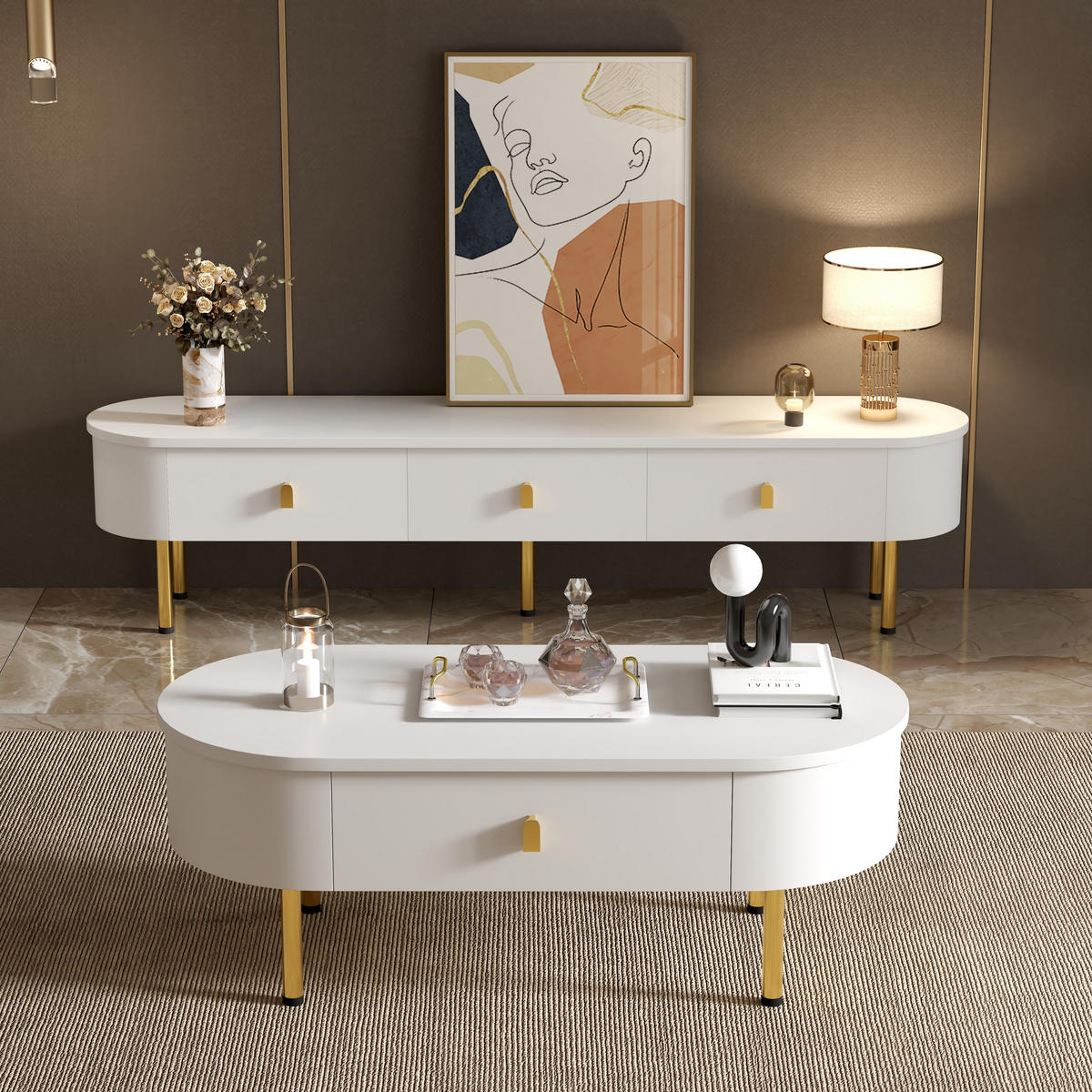 WOHNZIMMER-SET Couchtisch Schubladen abgerundet modern Wohnzimmer - Weiß, Holzwerkstoff (174/41/35cm) - FLIEKS
