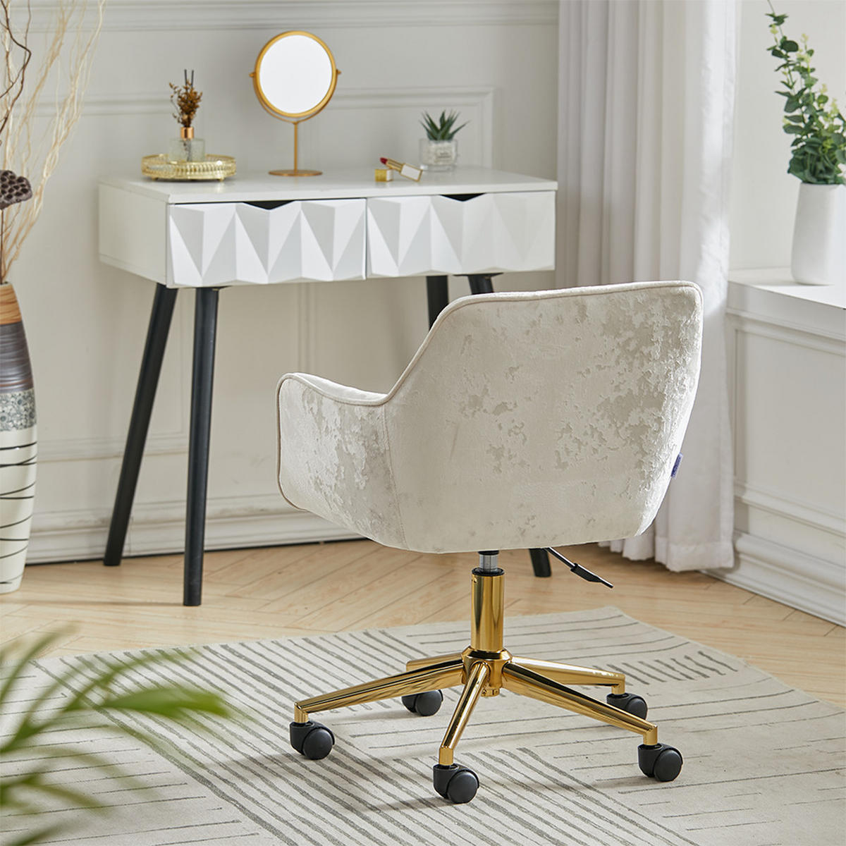 DREHSTUHL Home-Office-Stuhl aus Schaumstoff Metall mit Armlehnen Rollen und Samtbezug GoldfußBeige Höhenverstellbarer 60 x 50 x 81-88 cm - Beige/Goldfarben, Textil/Metall (60/88/50cm) - Livingandhome