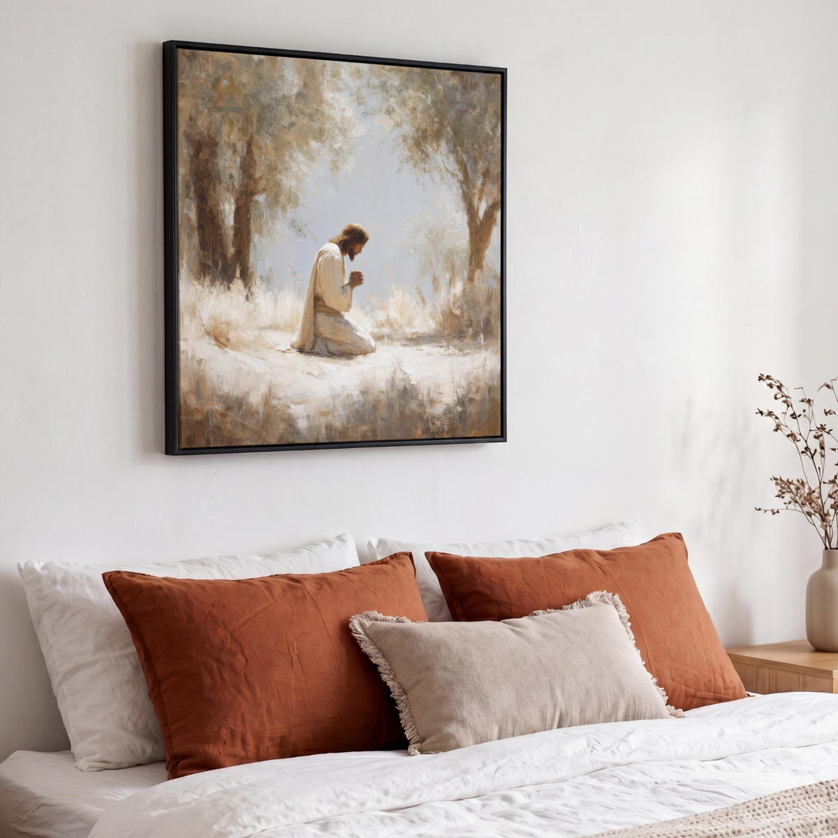 LEINWAND Bilder mit Rahmen - Jesus - Kniend - Waldlandschaft - Betend - 50x50 - Beige, Textil (50/50cm) - MuchoWow