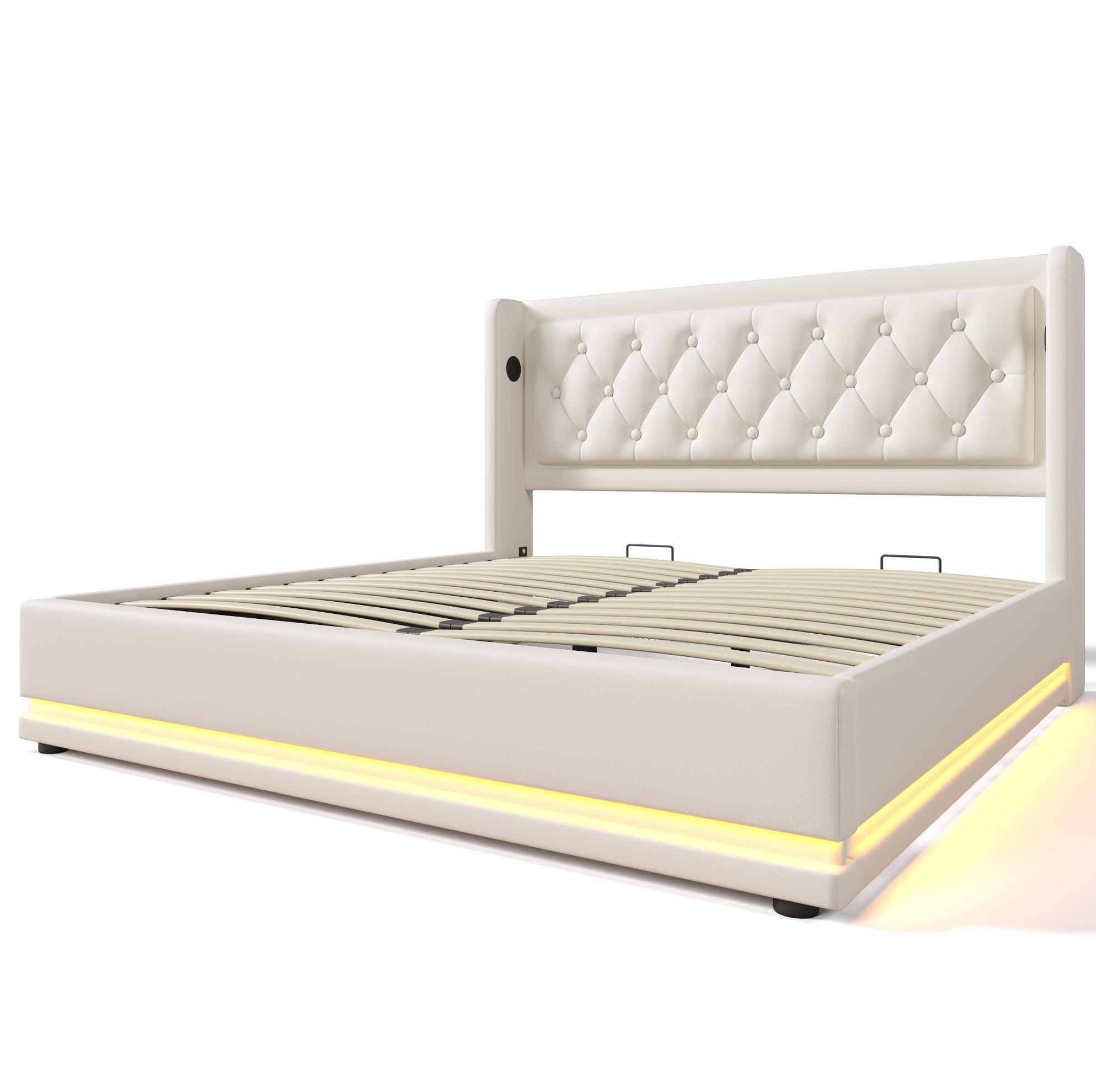 POLSTERBETT aus Kunstleder 160x200 cm in Weiß mit LED & USB-C-Ladestation - Weiß, Leder (160/200cm) - Modfu