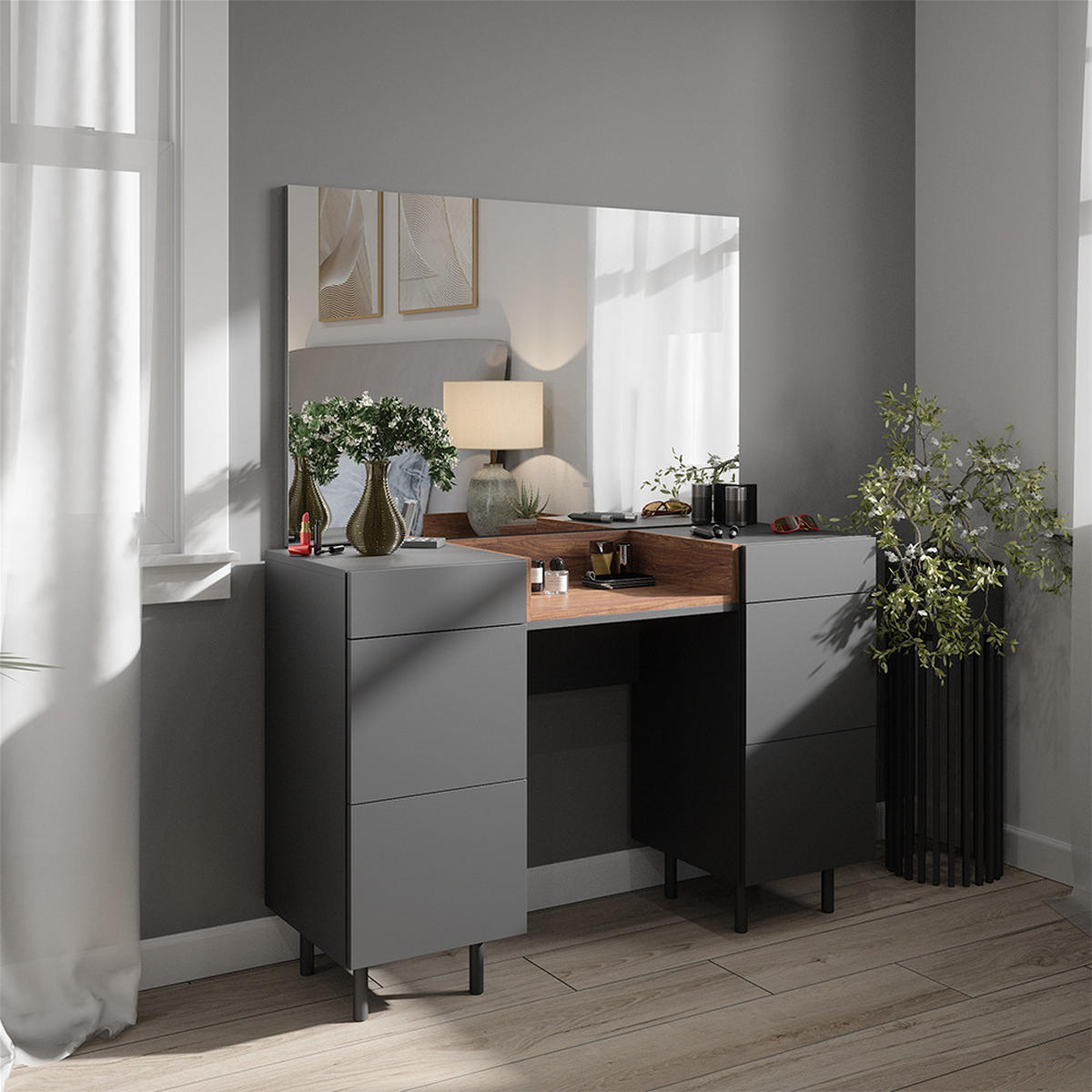 SCHMINKTISCH Anika Anthrazit 120 cm mit Spiegel - Anthrazit/Walnussfarben, Holzwerkstoff (120/80/40cm) - Vicco