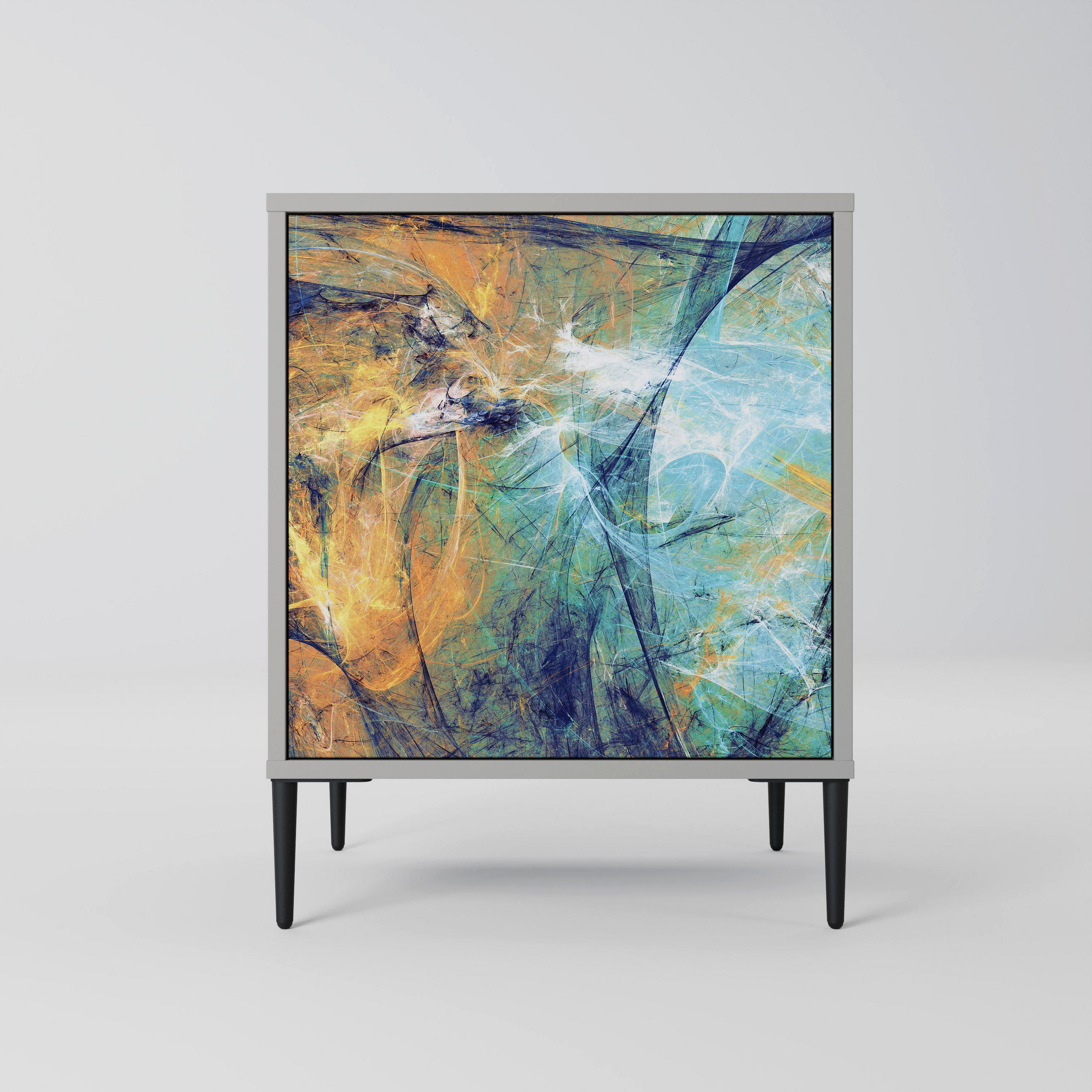 SIDEBOARD ABSTRACT THOUGHTS, Grau, 57,5x42x72,5 cm, Schwarze Metallfüße - Multicolor/Schwarz, Holzwerkstoff/Metall (57.5/72.5/42cm) - SpaceRebels