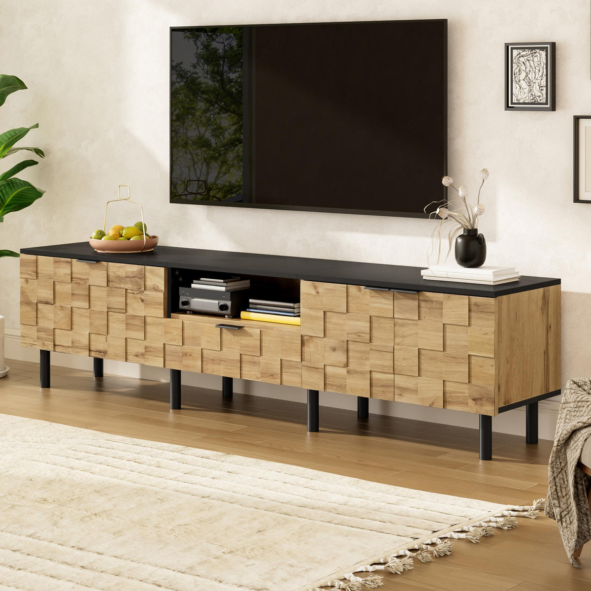 TV-LOWBOARD 170/35/44,5 cm Natur-Schwarz aus Spanplatte mit Mosaik-Türen - Naturfarben, Holzwerkstoff (35/44.5/170cm) - OKWISH