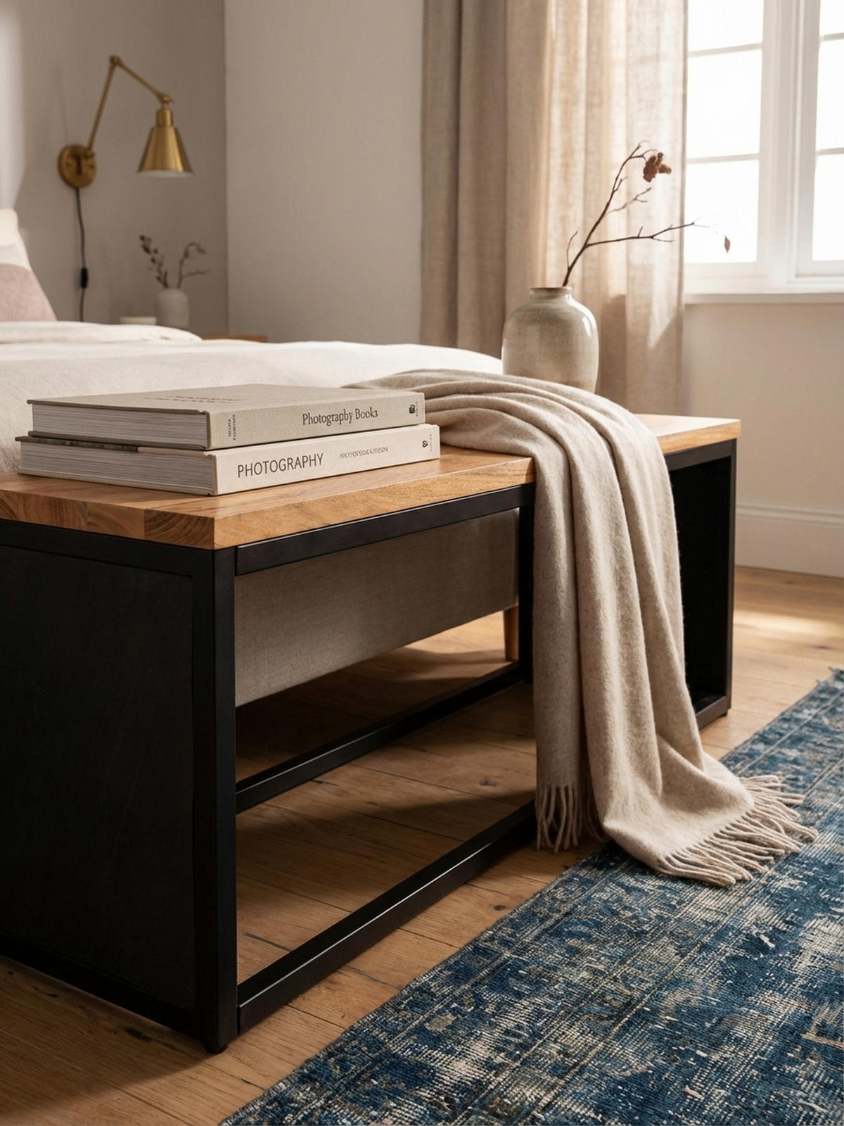 SITZBANK – Akazie Massivholz/Steinoptik, 120x45x35 cm, Metallgestell - Schwarz/Braun, Holz/Metall (120/45/35cm) - KADIMA DESIGN
