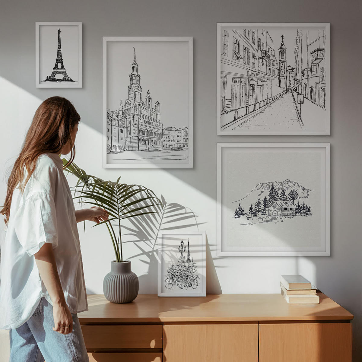 WANDBILDER 5er-Set - 50x50 cm & 20x30 cm & 40x60 cm Weißer Rahmen - Abstrakte Gemäldekompositionen - Weiß, Kunststoff (40/60cm) - ArtPrintCave