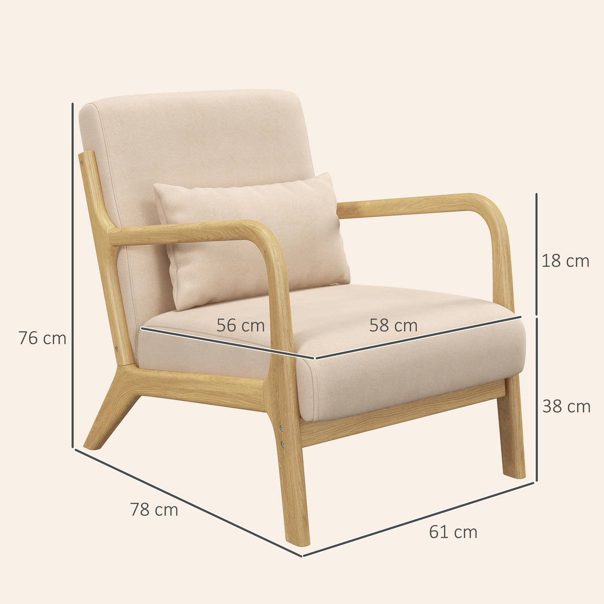 ARMLEHNSTUHL DE-13201 3 Kissen & tiefe Sitzfläche Beige - Beige, Holz (78/76/61cm) - ComfortXL