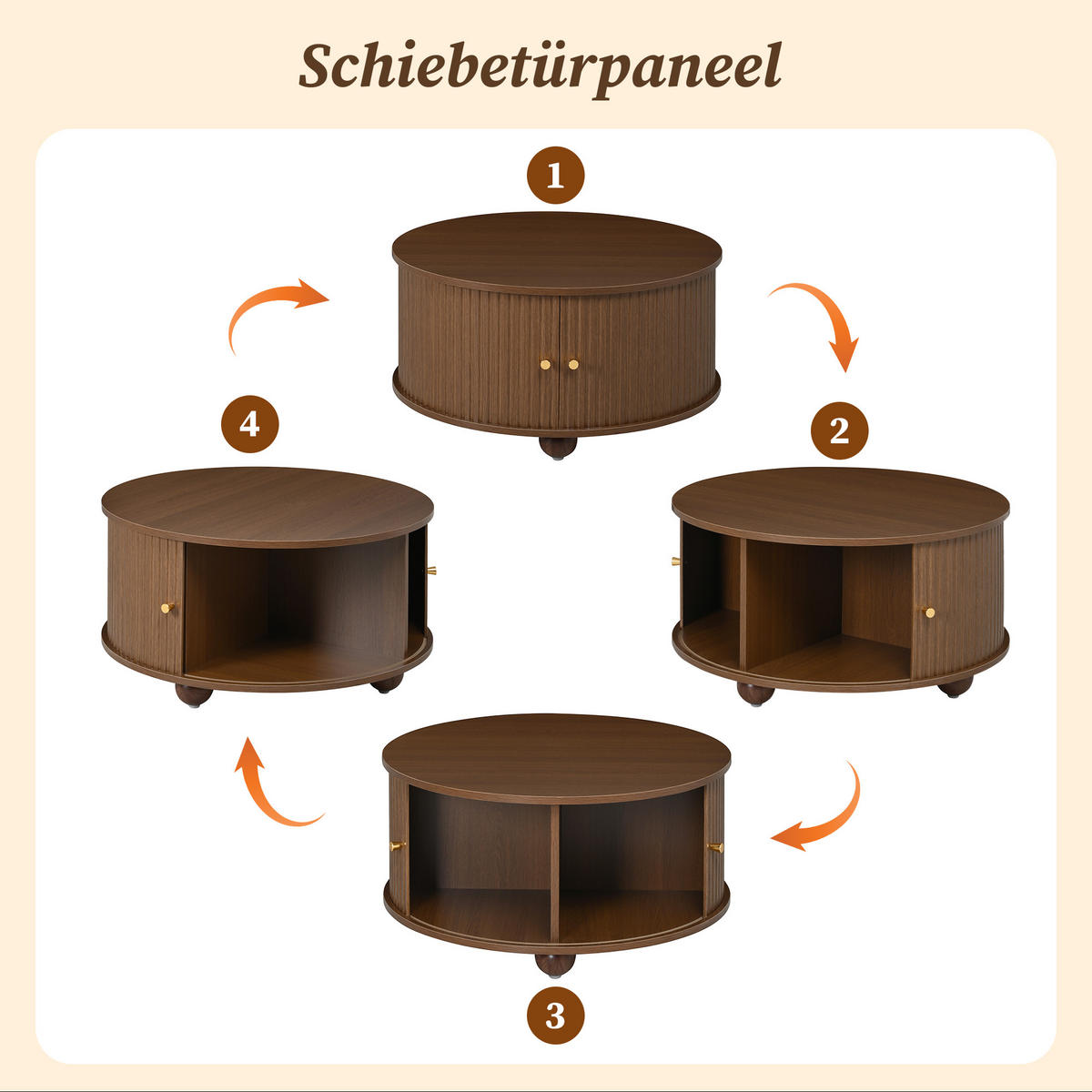 COUCHTISCH DE-37072 rund mit Reliefstruktur und 2 Schiebetüren Nussbaum - Walnussfarben, Holzwerkstoff (72/72/38cm) - ComfortXL
