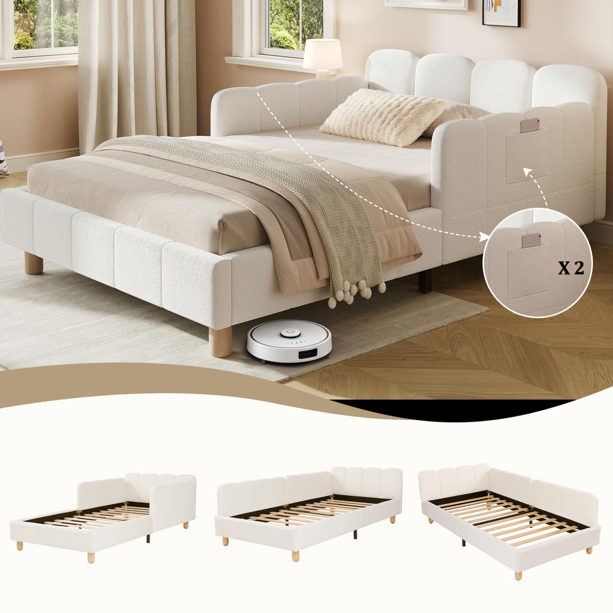 KINDERBETT 140/190 cm beige aus Samt mit Kopfteil und Seitenteilen - Beige, Textil (140/190cm) - OKWISH