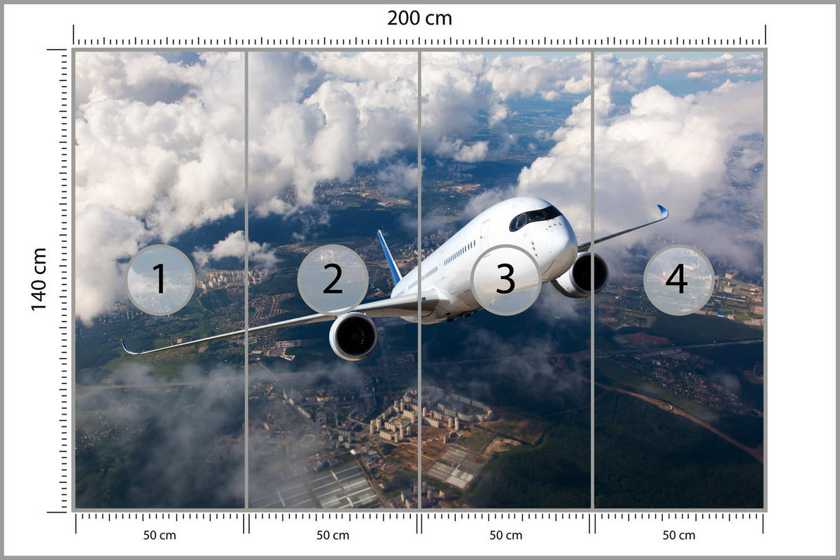 FOTOTAPETE für Jugendzimmer Flugzeug Start Wolken Himmel 200x140 - Blau/Beige, Papier (200/140cm) - Muralo