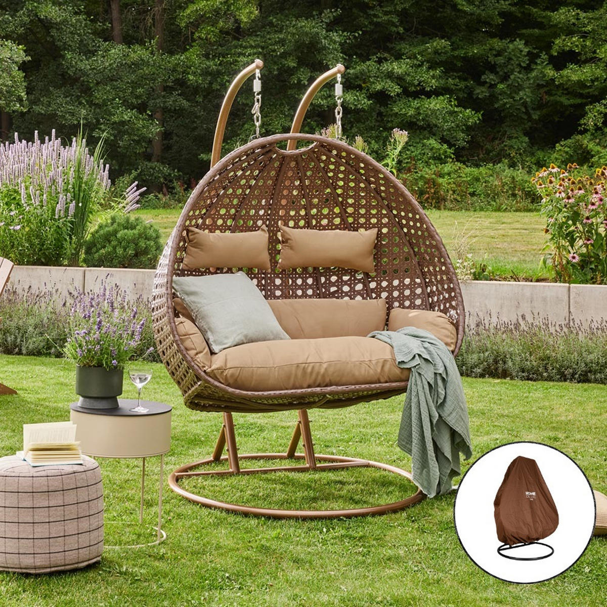 HÄNGESESSEL TWIN - Braun, Mit Regenabdeckung - Braun, Kunststoff (145/126/74cm) - Home Deluxe