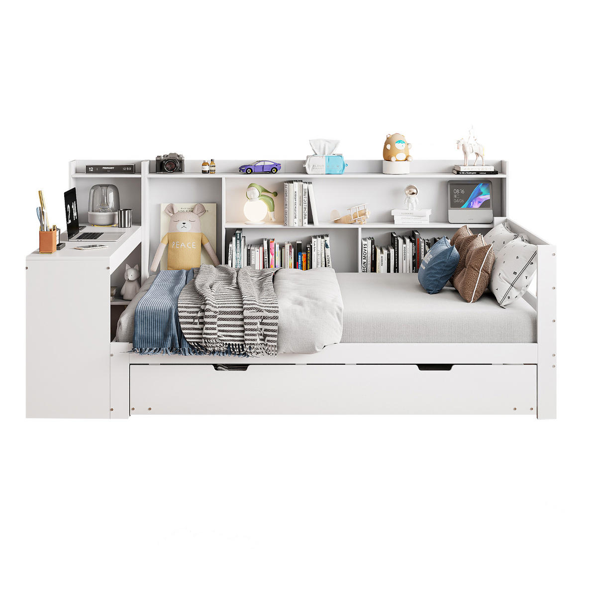 BETT aus Massivholz mit Schreibtisch und Regalen Weiß 90/200 cm - Weiß, Holz (90/200cm) - OKWISH