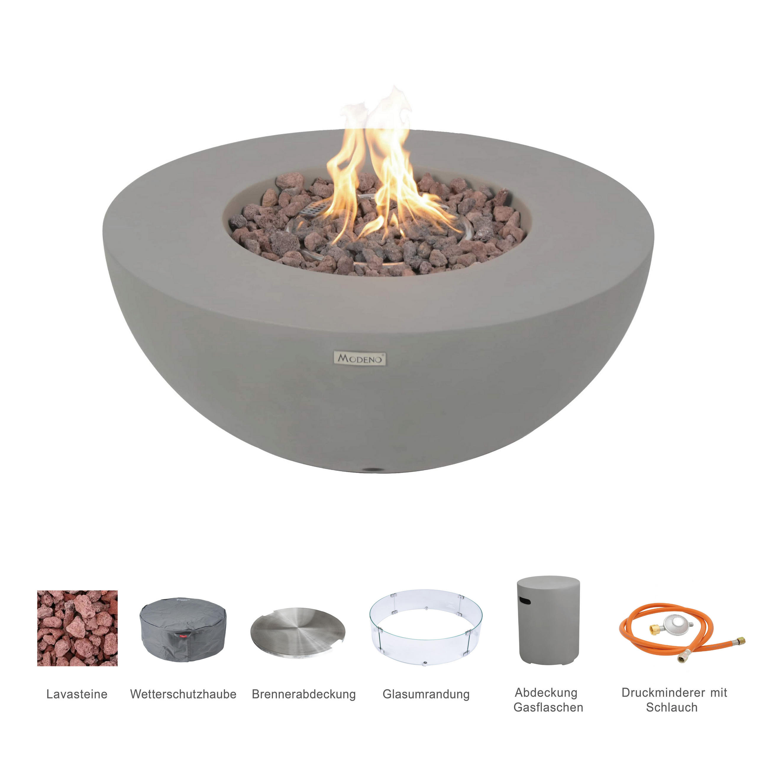 FEUERTISCH Roca Gasfeuerstelle aus GF-Beton - 4-tlg. Set inkl. Glasumrandung, Brennerabdeckung und Gasflaschen-Abdeckung - Hellgrau, Naturmaterialien (87/37/87cm) - Elementi