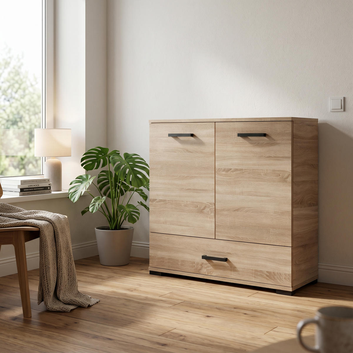 KOMMODE ALBANO 90/83/40cm mit 1 Schubladen 2 Türen Sonoma Eiche - Sonoma Eiche, Holzwerkstoff (90/83/40cm) - MASSENO