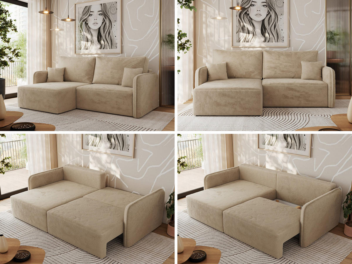 ECKSCHLAFSOFA MESTO L Beige Plüsch - links - Beige/Schwarz, Kunststoff/Textil (227/147cm) - MKS