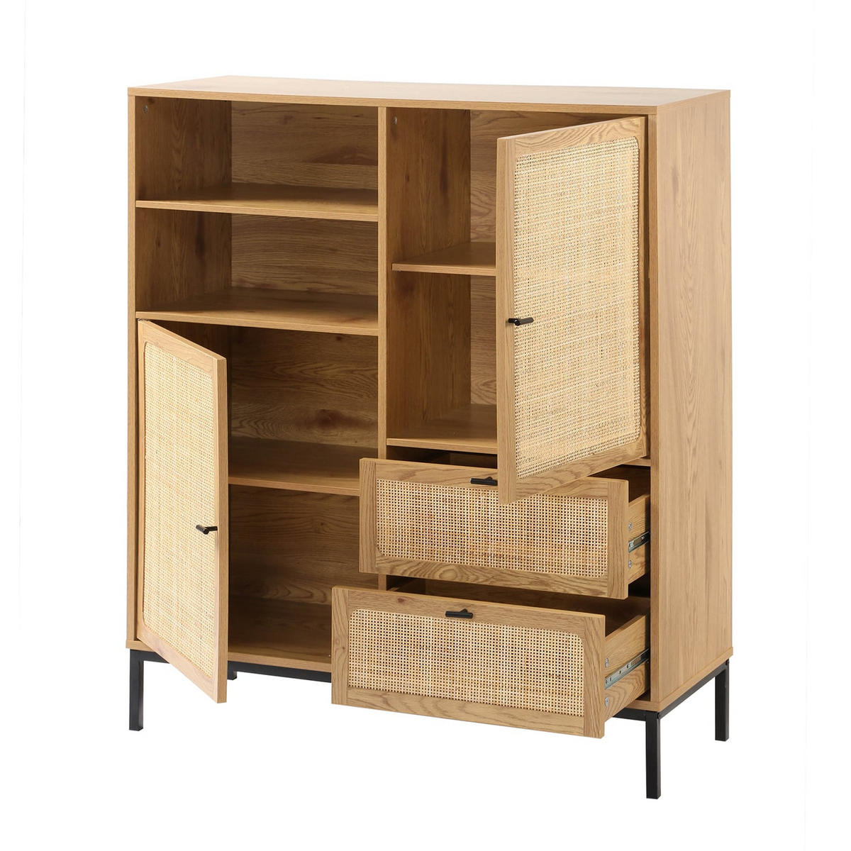 HOHE Buffetschrank mit Rattanfronten - L100 x H120 cm - JAYA - Apfelbaumfarben, Holzwerkstoff (40/120/100cm) - Calicosy