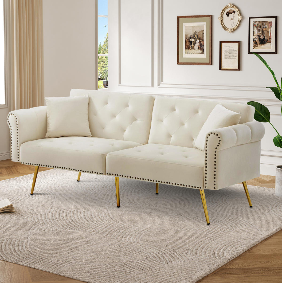 ROZKLÁDACÍ pohovka 147/85 cm béžová ze sametu s nastavitelnou opěrkou a zlatými nohami - béžová, plast (173/70/75cm) - OKWISH