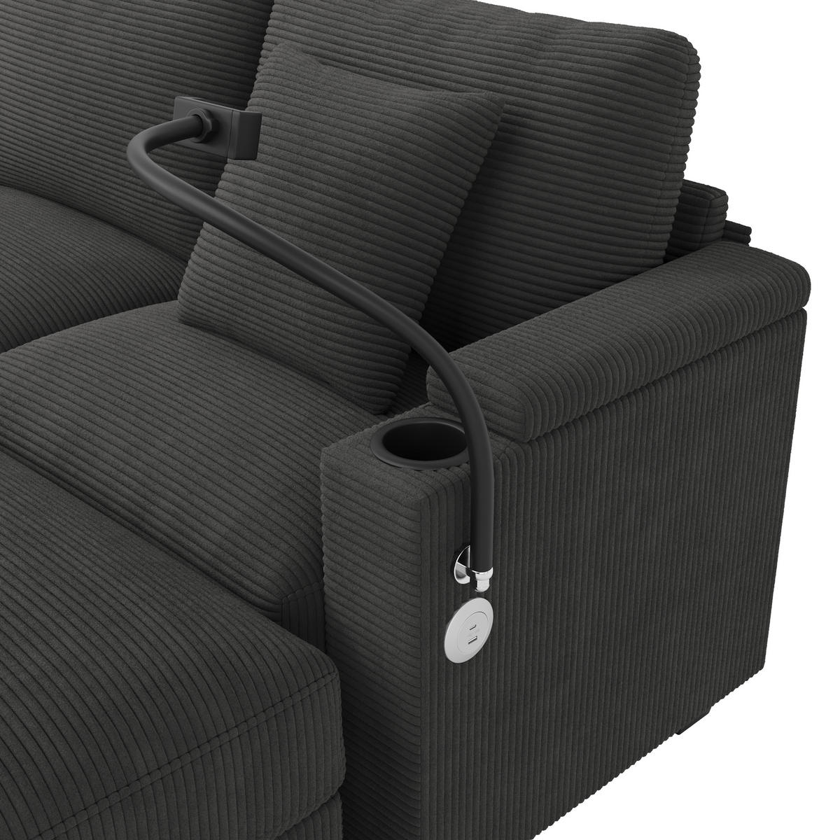 WOHNLANDSCHAFT Cord Grau mit USB, USB-C und Stauraum - Grau, Holzwerkstoff/Kunststoff (275.5/87/139cm) - WISHDOR