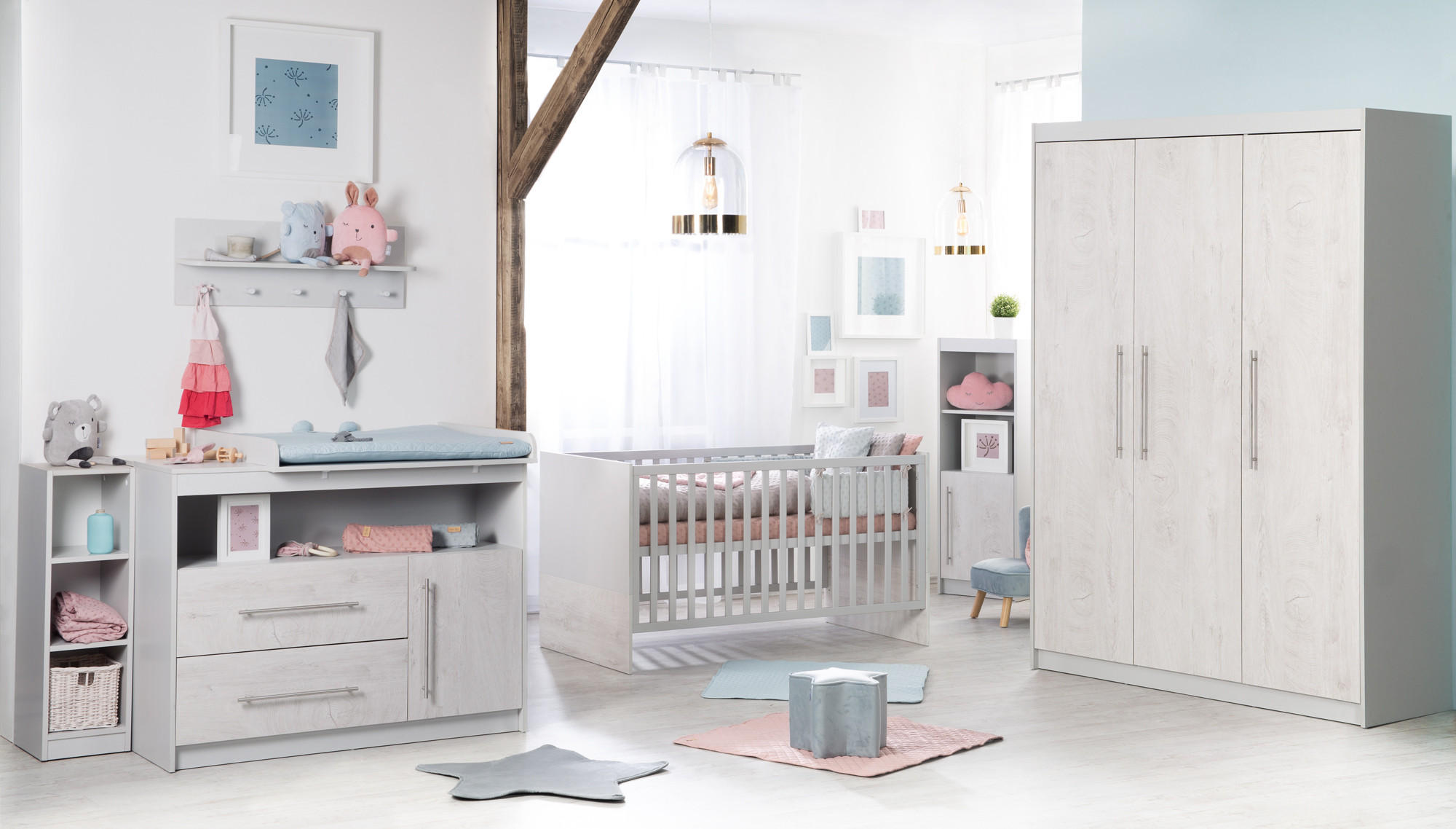 BABYZIMMER-SET Maren 2, mit breiter Wickelkommode, 3-teilig - Hellgrau, Holzwerkstoff (76/80/142cm) - Roba