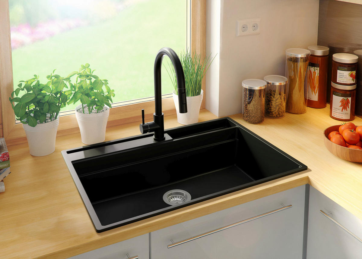 GRANITSPÜLE Oslo Pocket, 2-er set Schwarz 78/53 cm 1 Becken + Küchenarmatur 40/20 cm + Ablauf-Set + Küchenzubehörset ab 80er Unterschrank - Chromfarben/Beige, Kunststoff (78/20/53cm) - Primagran