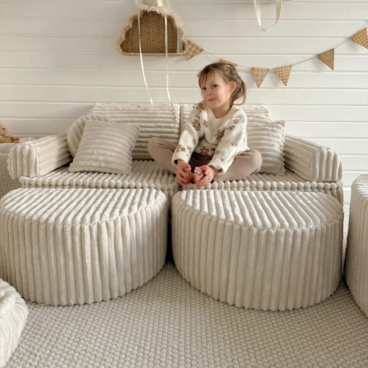 KINDERSOFA Pocket Max modular 12-tlg. aus Plüschcord in Salbeigrün - Olivgrün, Textil (120/25/60cm) - MeowBaby