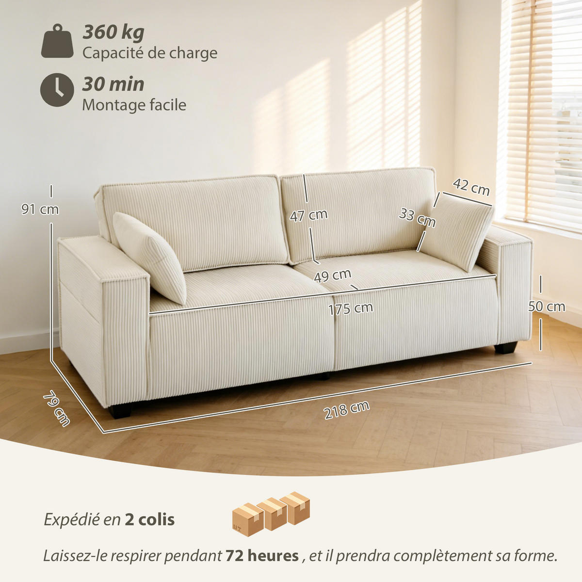 3-SITZER-SOFA DE-13542 Beige - Beige, Textil (79/91/218cm) - ComfortXL