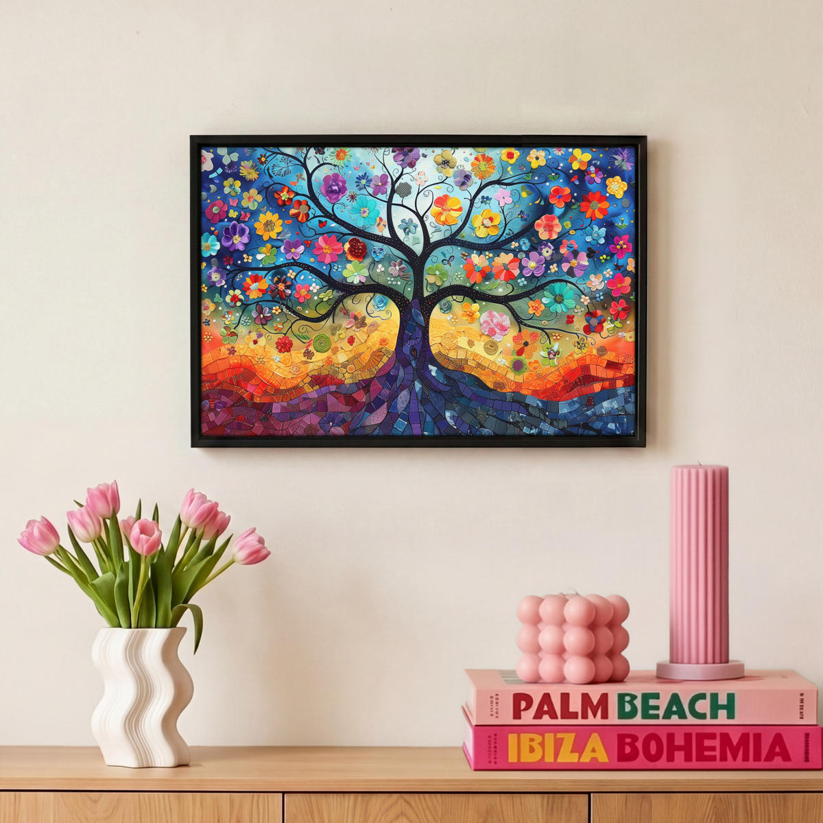 LEINWAND Bilder mit Rahmen - Kunst - Baum des Lebens - Blumen - Hippie - 30x20 - Dunkelblau, Textil (30/20cm) - MuchoWow