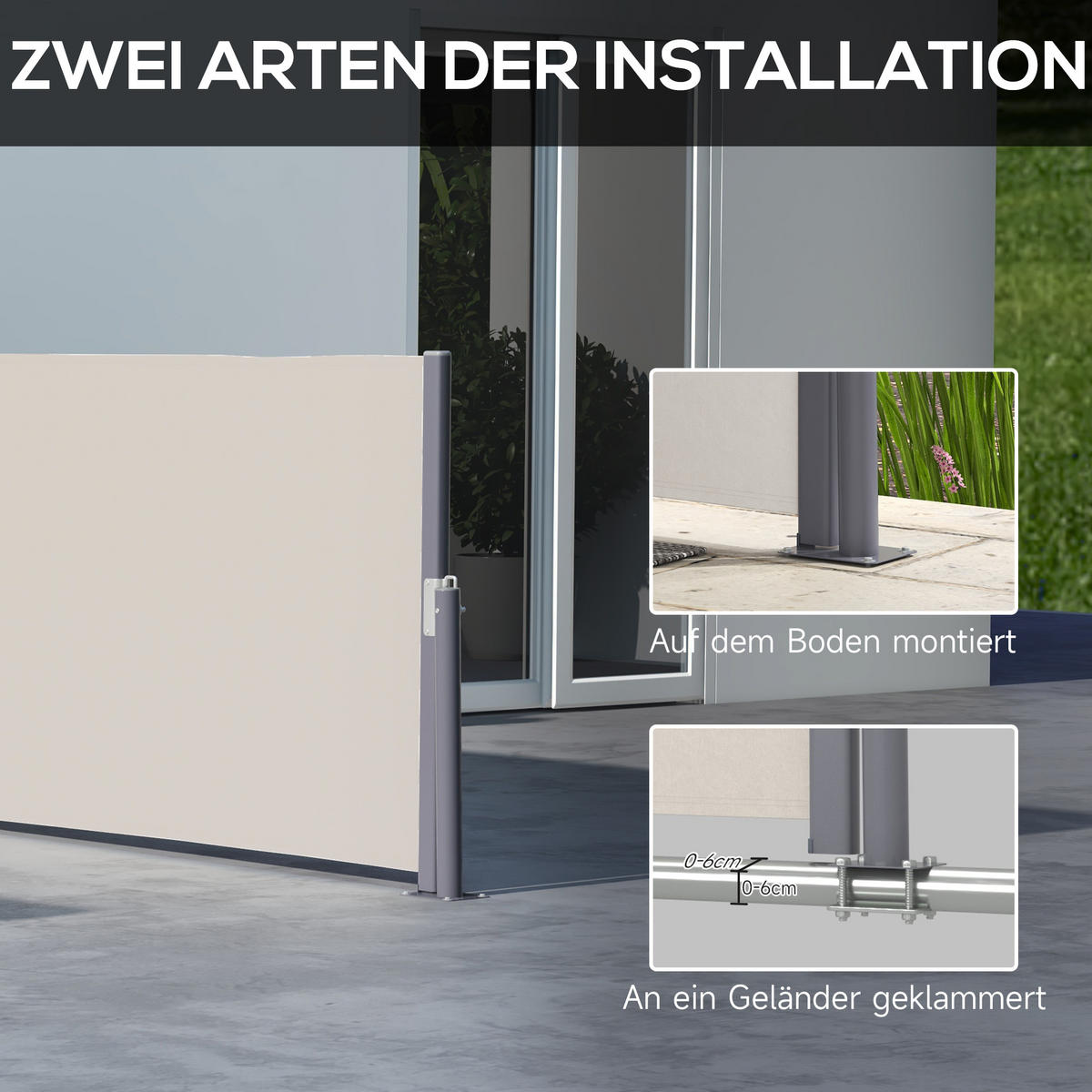 SEITENMARKISE, Hellgrau, 300L x 100H cm/300L x 140H cm, Polyesterstoff, Metall - Hellgrau, Kunststoff (3.5/100cm) - Outsunny