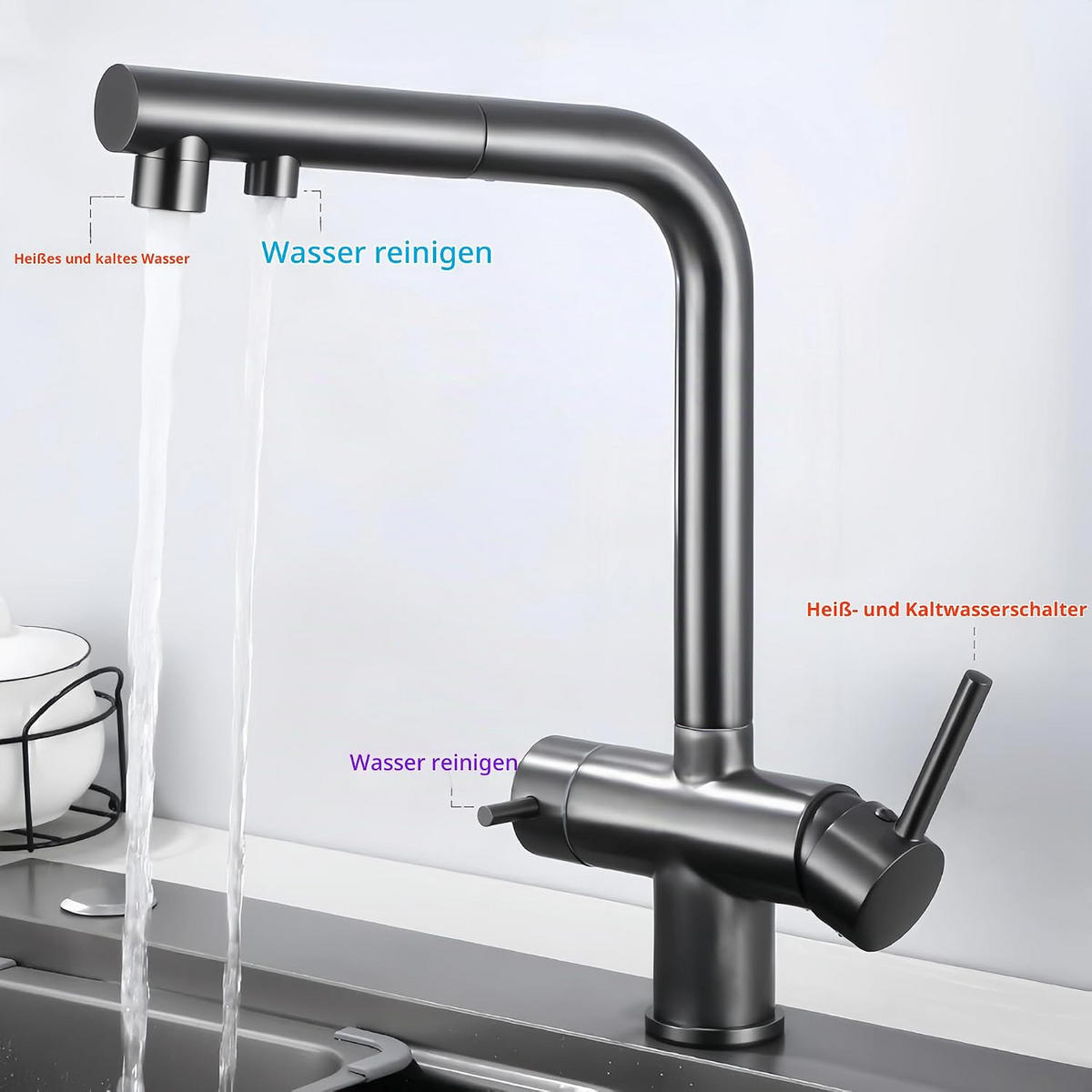 KÜCHENARMATUR 3-Wege mit ausziehbarer Brause, 360° drehbar, für Trinkwasser mit Filterwasserauslass, grau - Grau, Metall (15/33/22cm) - TVTIUO
