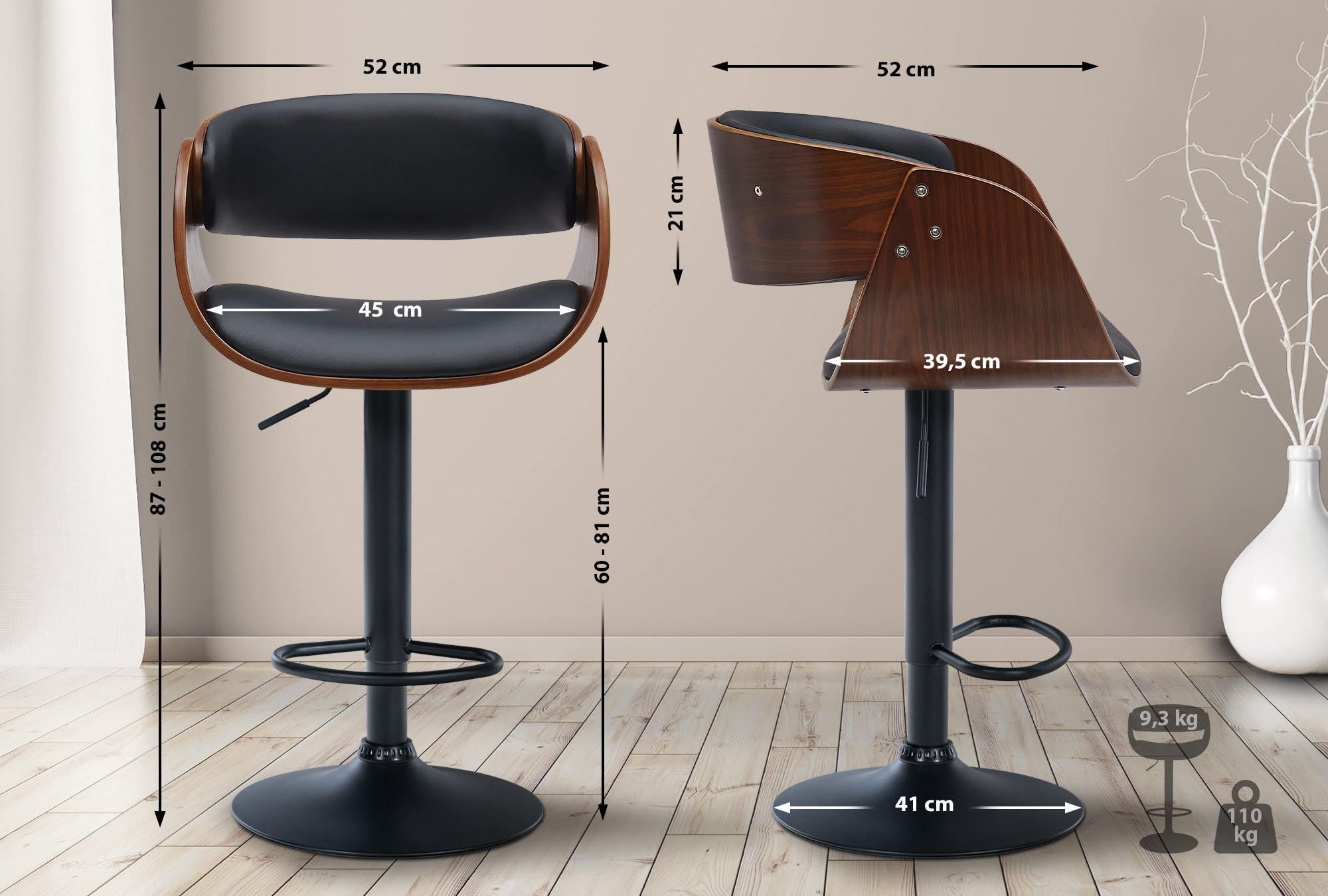 Thumbnail - CLP Barhocker, Schwarz, Walnuss, Textil, 52x87x52 cm, Esszimmer, Barmöbel, Barhocker