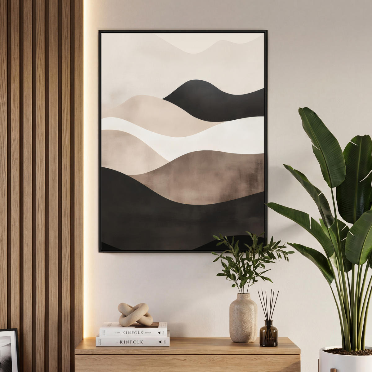 LEINWAND Bilder mit Rahmen - Abstrakt - Landschaft - Wellen - Cremefarben - 70x100 - Cappuccino, Textil (70/100cm) - MuchoWow
