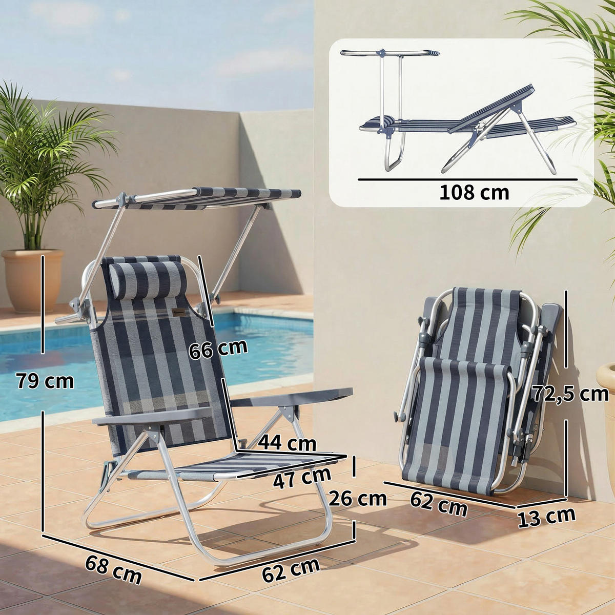 STRANDSTUHL mit sechsfach verstellbarer Rückenlehne und Sonnenschutz, blau-weißes Farbschema - Blau, Metall (62/79/68cm) - Vallsero