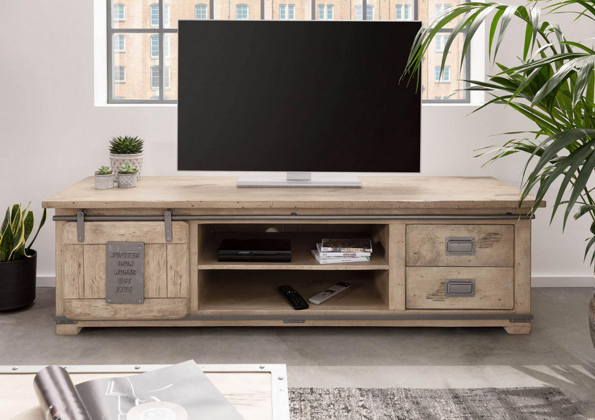 TV-BOARD Mango 180x55x50 whitewash lackiert RAILWAY #345 - Beige, Holz (55/50/180cm) - Massivmoebel24