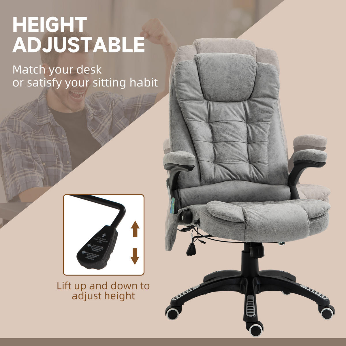 MASÁŽNÍ KANCELÁŘSKÁ ŽIDLE s houpací funkcí, kancelářská židle s vyhříváním, šedá - šedá/černá, textil/plast (74/116/67cm) - Vinsetto