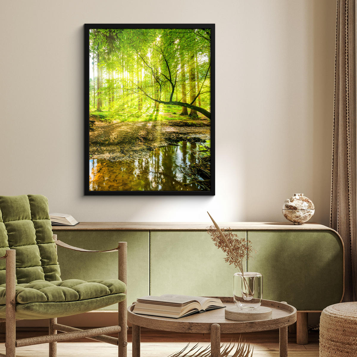 GERAHMTES BILD Wald - Landschaft - Wasser - Bäume - Sonne - Grün - Natur 60x80 cm - Grün, Papier (60/80cm) - MuchoWow