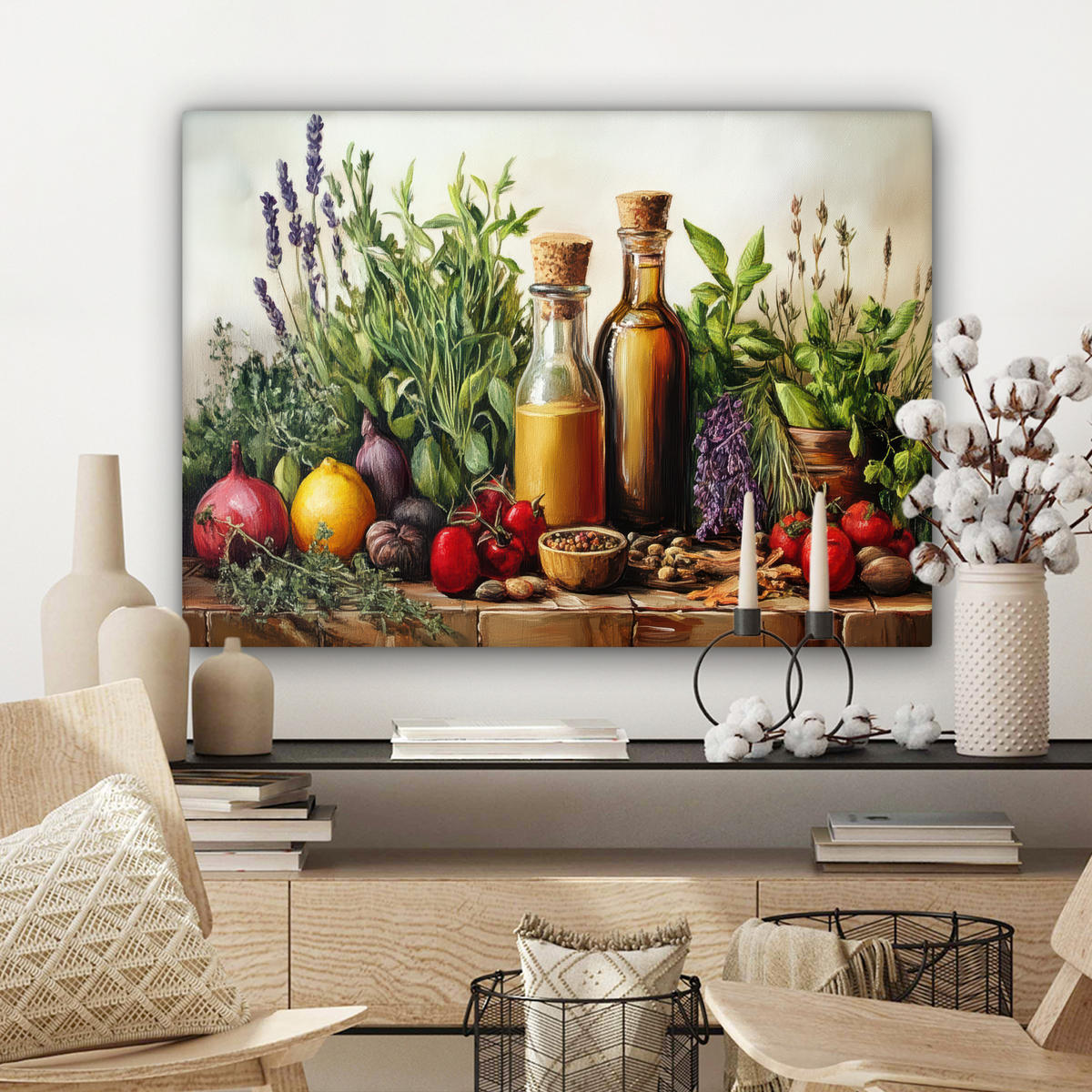 LEINWANDBILD Stilleben - Kräuter - Gewürze - Früchte - Farbenfroh Wandbilder 80x60 cm - Grün, Textil (80/60cm) - MuchoWow