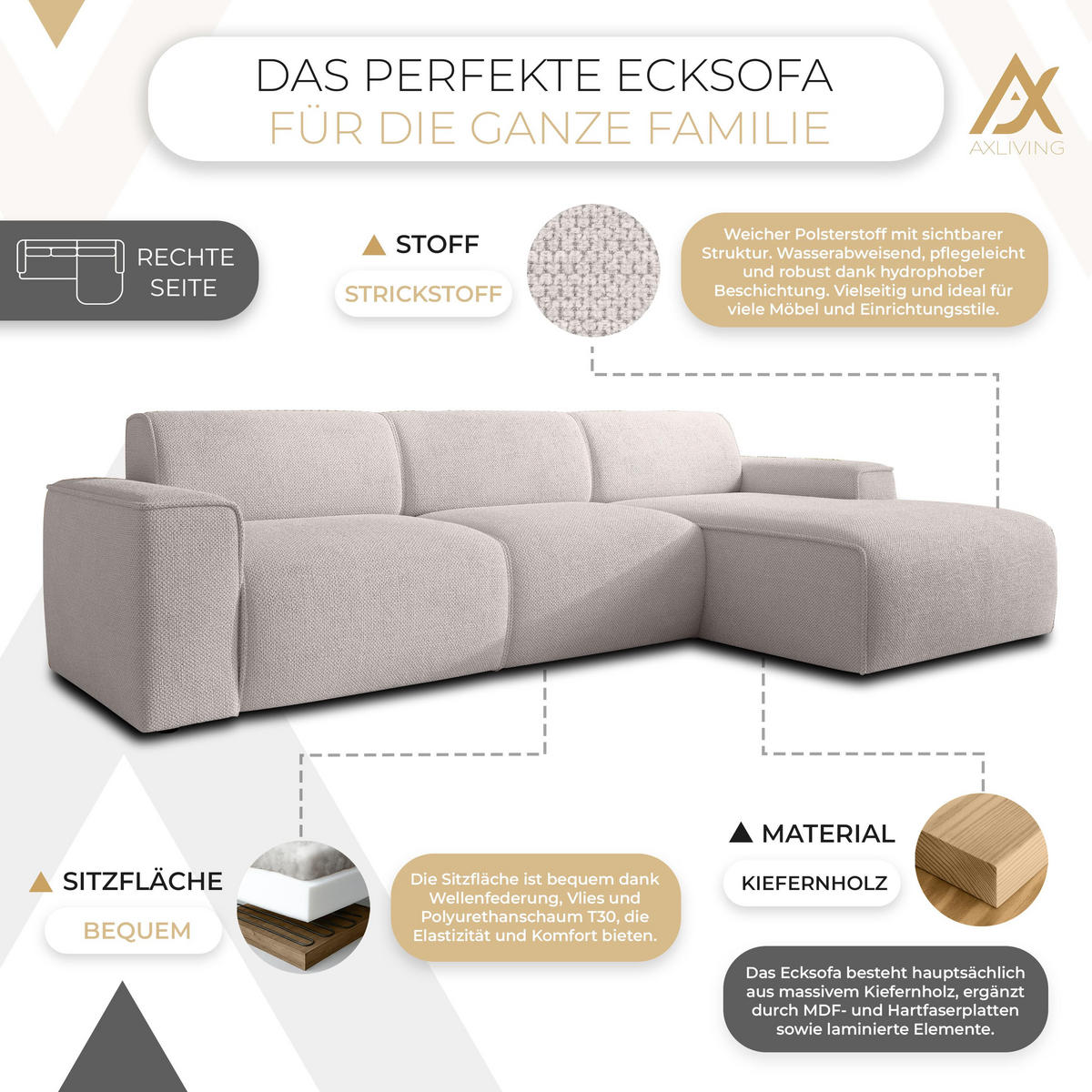 ECKSOFA L Form Didim mini Taupe 310/165/78 cm – stilvolle kleine Eckcouch R - Taupe/Schwarz, Kunststoff/Textil (310/165cm) - AX Living