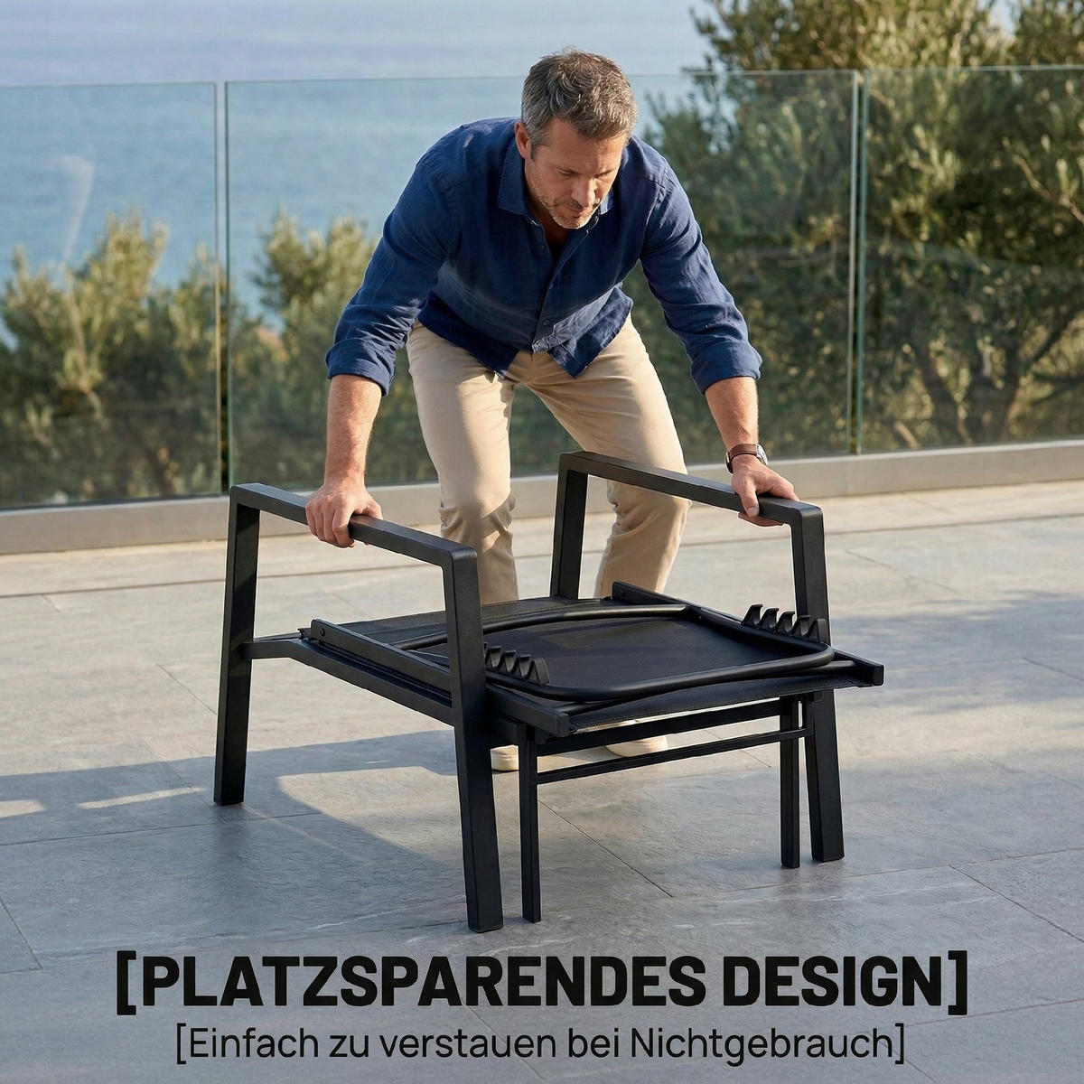 SONNENLIEGE Klappbar tragbar Gartenliege mit ausziehbarer Fußstütze 5-fach Verstellbar Rückenlehne Atmungsaktiv - Schwarz, Metall (185/55/63cm)