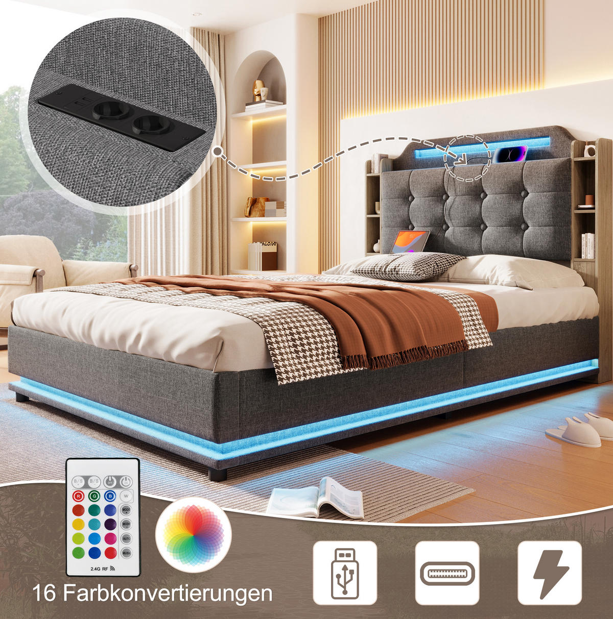 POLSTERBETT 140/200 cm mit LED-Lichtleiste, USB- und Type-C-Anschluss, hydraulischem Stauraum und Ablagefächern, Grau - Grau, Textil (140/200cm) - Redom